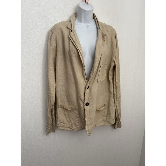 LFDL Lagenlook Linen Jacket Women’s Size L Button Up Pockets Made In Italy Tan - Picture 1 of 7